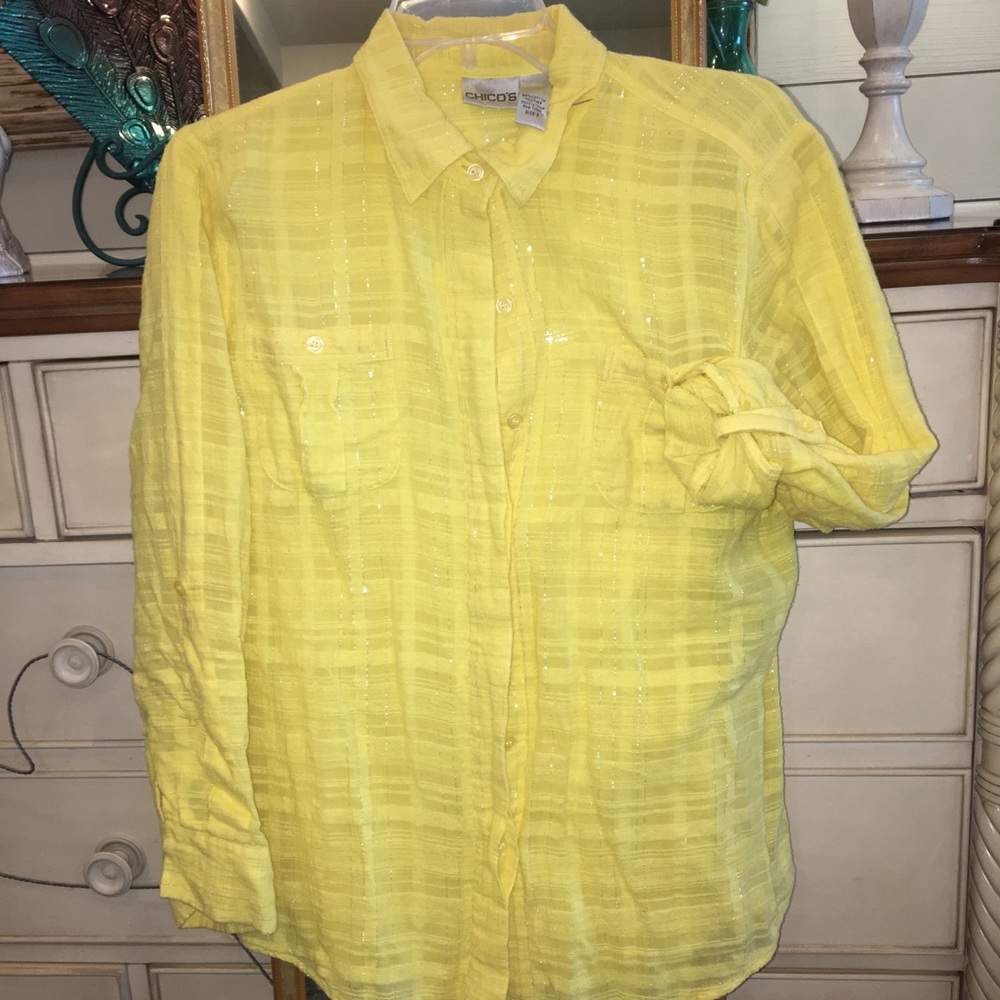 Chico’s yellow sparkle stripe tab-sleeve top